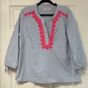 Vineyard Vines Blue Striped Blouse with Pink Embroidery Side Slits Elbow Ties